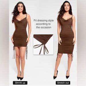 Mocha Brown Ruched Drawstring Bodycon Dress, mini midi, fall party